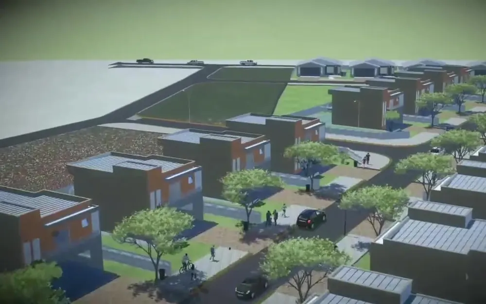Aerial 3D visualisation of a planned residential layout with streets, plots and trees