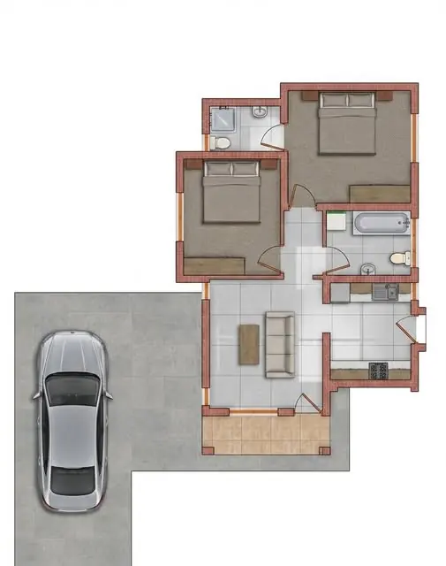 Floor plan showing two bedrooms, bathrooms, a living area, a kitchen and parking
