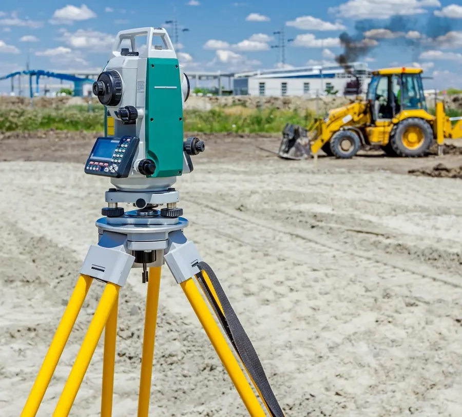 Total station on a tripod at a construction site